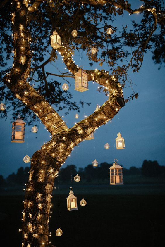 a living tree covered with lights, with candle lanterns and candholders hanging down looks very chic and whimsical