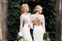 a modern chic fitting wedding dress with a lace bodice, a high neckline, long sleeves, a plain skirt with a short train