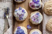 candied pansies and viola mini pavlova cakes are creative wedding desserts for spring or summer