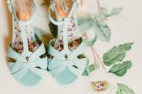 fun retro mint blue wedding shoes with woven tops and floral bottoms are very cool and cute