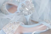 gorgeous blue peep toe wedding shoes with heavy embellishments and metallic straps for your ‘something blue’