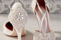 ivory vintage embellished wedding shoes with metallic straps look refined and very glam-like