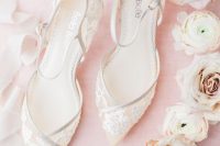 refined sheer wedding shoes with floral appliques will give a delicate touch to your look