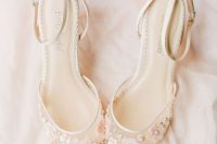 romantic sheer wedding shoes with beading and floral appliques and ankle straps for a delicate touch