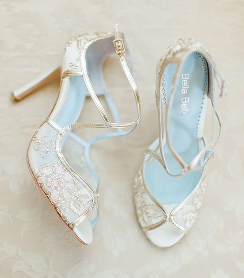 sheer gold lace peep toe wedding shoes with straps and blue bottoms are romantic and refined