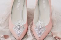 vintage-inspired pink wedding shoes with large art deco embellishments in silver look wow and glam