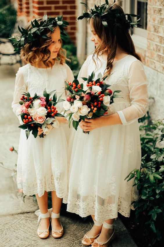 white lace midi dresses with long sleeves and high necklines, sequin flats and greenery crowns are very chic and stylish