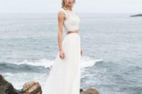 a bridal separate with a lace sleeveless crop top and a flowy A-line skirt for a fashion-forward beach bride