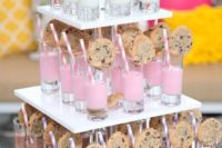 a cute strawberry and chocolate milk and cookie food bar is a cool and fun idea for a brunch wedding