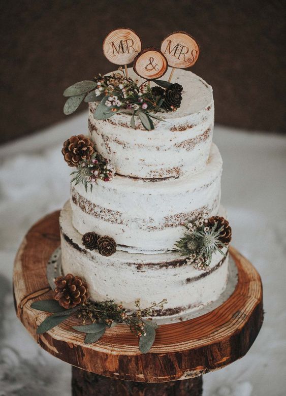 a naked wedding cake decorated with pinecones and thistles, with greenery and berries and branch slice cake toppers is a lovely rustic idea