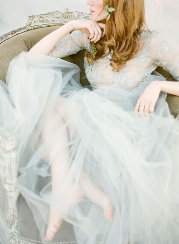 a pale blue wedding gown with a lace bodice and sleeves, a tulle skirt is a fantastic idea for a coastal wedding