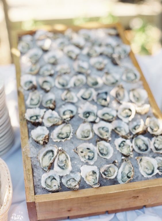 a wedding oyster bar on ice is a cool idea for a coastal or beach wedding or just for a couple who loves seafood
