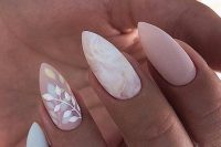 an eye-catchy pointed nail manicure with white, light pink, marble and botanical nails  is a lovely idea for a spring or summer wedding