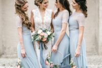 beautiful pale blue maxi bridesmaid dresses with lace tops and embroidery hoop bouquets