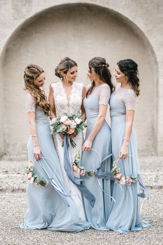 beautiful pale blue maxi bridesmaid dresses with lace tops and embroidery hoop bouquets