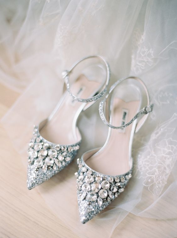 blue glitter statement embellished wedding shoes with ankle straps are a bold glam statement for a summer bride