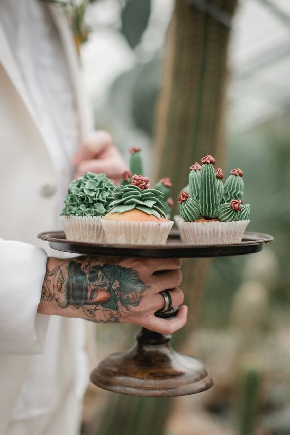 fun cactus and succulent wedding cupcakes - the icing shaped like this looks amazing