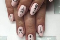 light pink nails with black boho patterns are perfect for a spring or summer boho bridal look