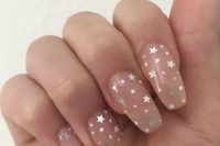 long nude nails with white polka dots and silver stars are amazing for a celestial bride in any wedding season, not only in spring