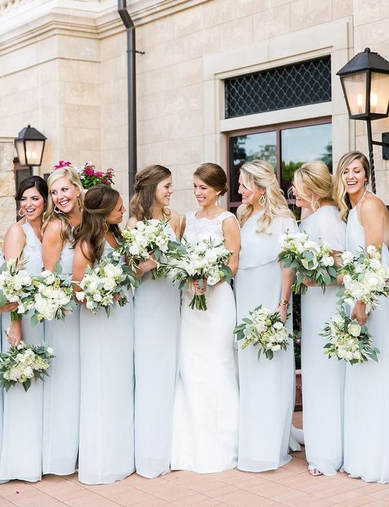 mismatching pale blue maxi bridesmaid dresses to rock for a spring or summer wedding