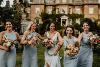 pale blue halter neckline maxi bridesmaid dresses are a great solution for a spring or summer wedding