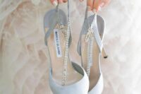 pale blue wedding shoes with embellished straps are a very beautiful and chic idea for a sophisticated bridal look