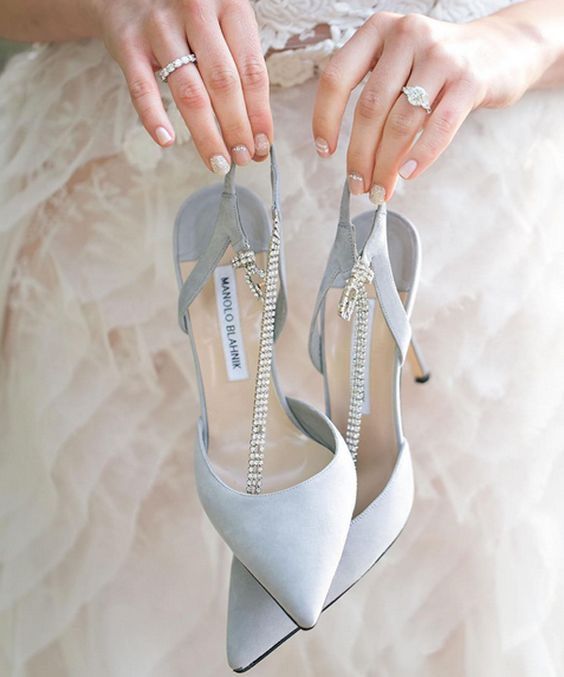 pale blue wedding shoes with embellished straps are a very beautiful and chic idea for a sophisticated bridal look