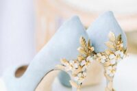 refined pale blue suede wedding shoes with gilded leaves and blooms on the heels will make a statement in the bridal look
