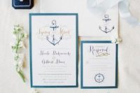 a bright nautical wedding inivitation suite in blue, navy and white, with anchor prints, gold letters and other sea-inspired stuff