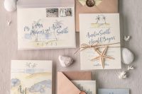 a fun tropical beach wedding invitation suite with blush envelopes, bold watercolors with palm trees, pretty seals and starfish
