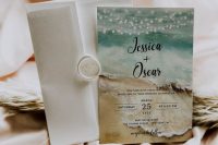 a lovely beach wedding invitation with a beach print and a bit of black calligraphy is a very chic and beautiful idea