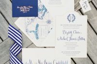 a lovely nautical wedding invitation suite with calligraphy, with gold foil letters and lovely sea maps and numbers is contrasting and cool