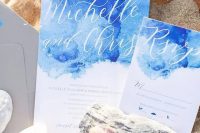 bold blue watercolor invitations with calligraphy are classics for a seaside, beach or coastal wedding and they look fantastic