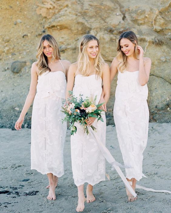 lace midi loose separates with strapless necklines or spghetti straps for a white bridal party