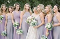 lilac and lavender maxi bridesmaid dresses are super romantic and trendy mismatching
