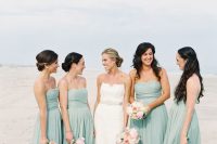 matching seafoam bridesmaid maxi dresses with draped bodices are romantic, sweet and lovely for a beach wedding