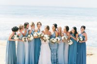 mismatching blue maxi bridesmaid dresses with various detailing are romantic and beautiful