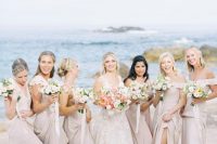 mismatching blush maxi bridesmaid dresses with ruffles and deep necklines look lovely and very chic