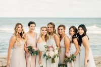 mismatching blush, off-white and white embellished maxi bridesmaid dresses show off the style of each girl perfectly
