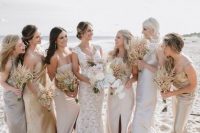 mismatching metallic and neutral maxi bridesmaid dresses with various necklines and slits look cool and trendy