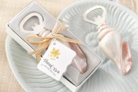 seashell bottle openers are stylish and practical beach wedding favors, add tags and enjoy
