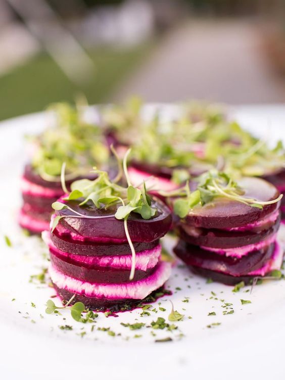 sweet beets, goat cheese and fresh greenery is a sweet and creamy summer wedding appetizer, suitable for a vegan wedding