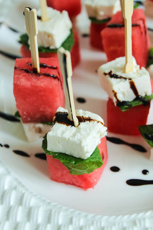 watermelon, mint and feta appetizers with balsamic vinegar are a very refreshing idea for summer
