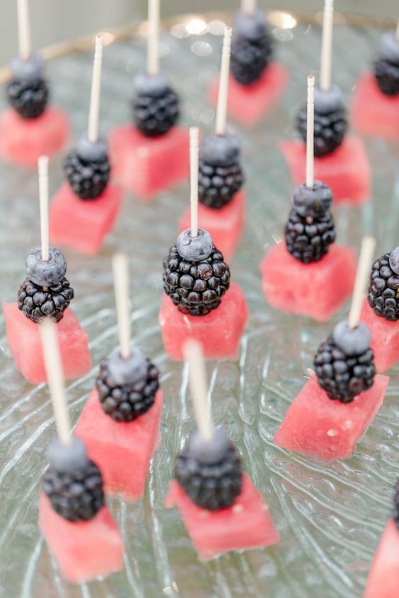 yummy and fresh summer wedding appetizers of watermelon, blackberries and blueberries