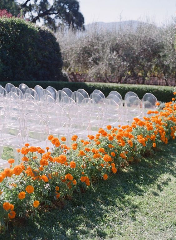 a bold modern wedding ceremony space with clear acrylic chairs and bold orange blooms and greenery lining up the aisle