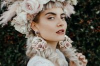 a breathtaking neutral and blush floral crown with pampas grass is a gorgeous solution for a boho lux bride who wants to stand out