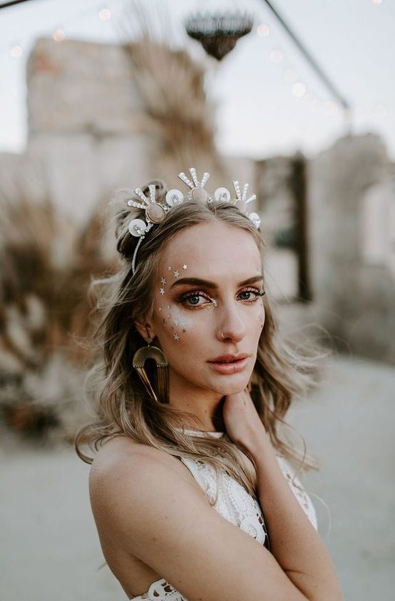 a whimsy boho chic crown with rhinestones and large agates and statement boho earrings for a unique bridla look