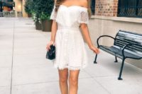 a white lace off the shoulder mini dress, nude heels and a black bag is a very chic and cool option