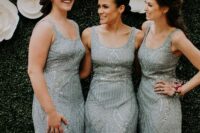 beautiful fully embellished grey fitting maxi bridesmaid dresses with square necklines are amazing for a vintage wedding