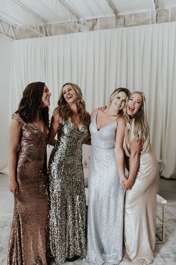 beautiful sequin bridesmaid dresses taken in various colors are a cool idea for a shiny and bold look